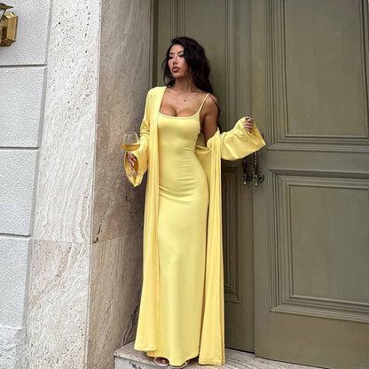 Solid Bodycon Maxi Dress and Long Cardigan Two-Piece Set
