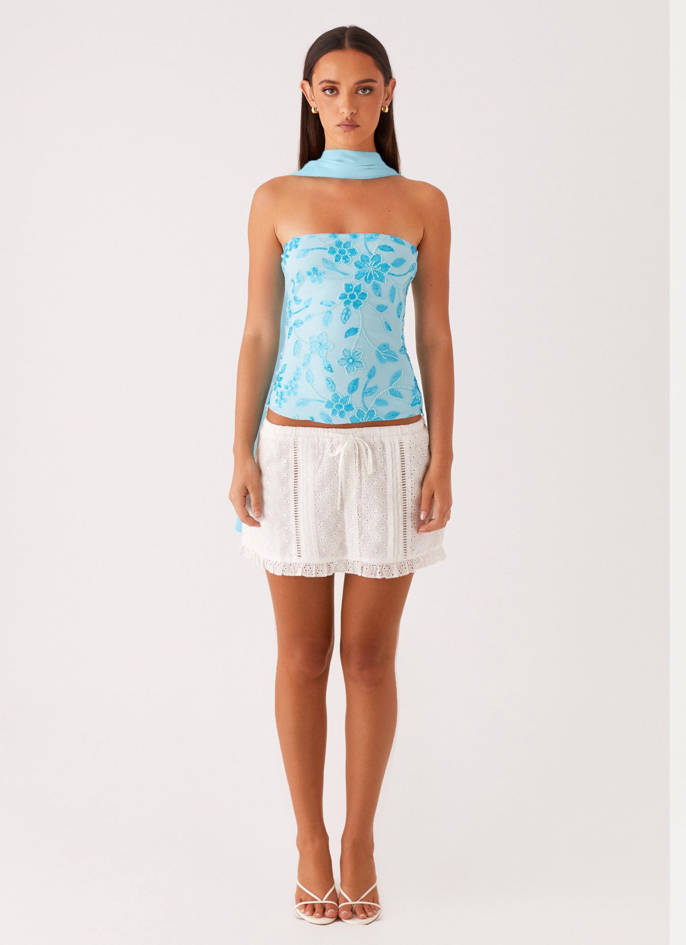 Backless Floral Sequin Tube Top with Matching Neck Scarf