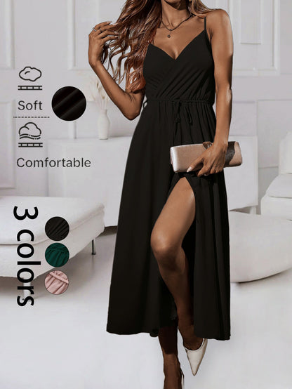 Sleeveless Wrap Maxi Dress with V-Neck and High Slit
