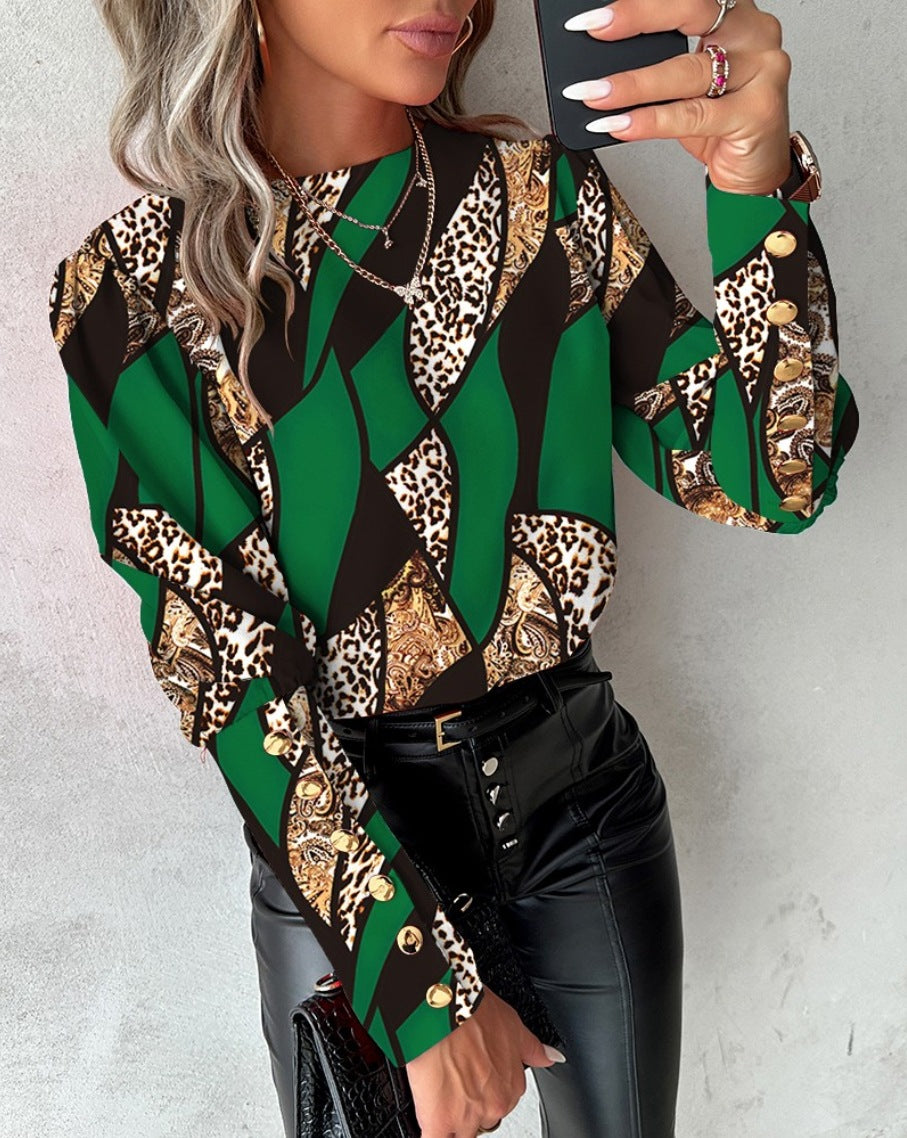 Geometric & Leopard Print Blouse with Round Neck and Button Cuffs
