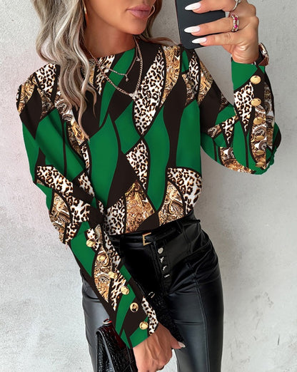 Geometric & Leopard Print Blouse with Round Neck and Button Cuffs