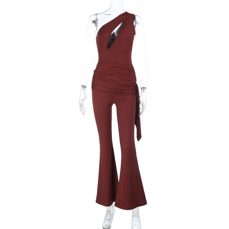 One-Shoulder Flared Jumpsuit with Cutout and Draped Sash