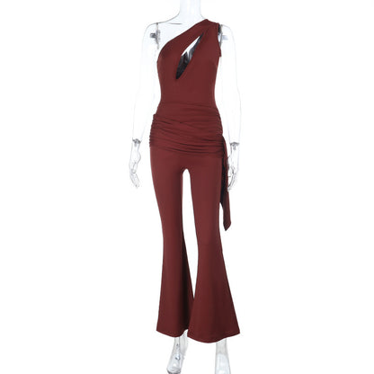 One-Shoulder Flared Jumpsuit with Cutout and Draped Sash