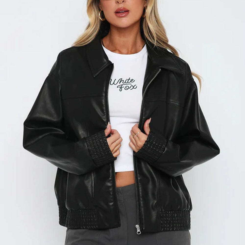 Oversized Faux Leather Jacket with Lapel and Quilted Trim