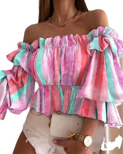 Printed Off-the-Shoulder Blouse with Peplum Hem