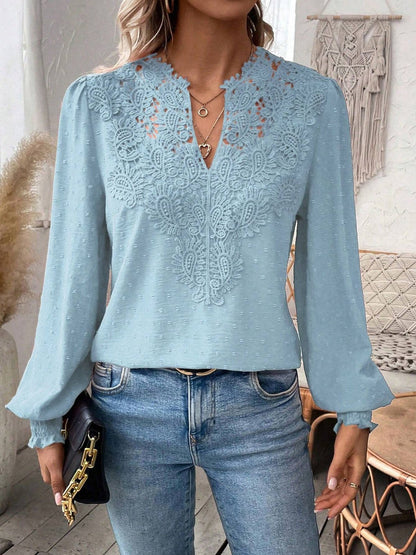 Swiss Dot Blouse with Lace V-Neck and Long Sleeves