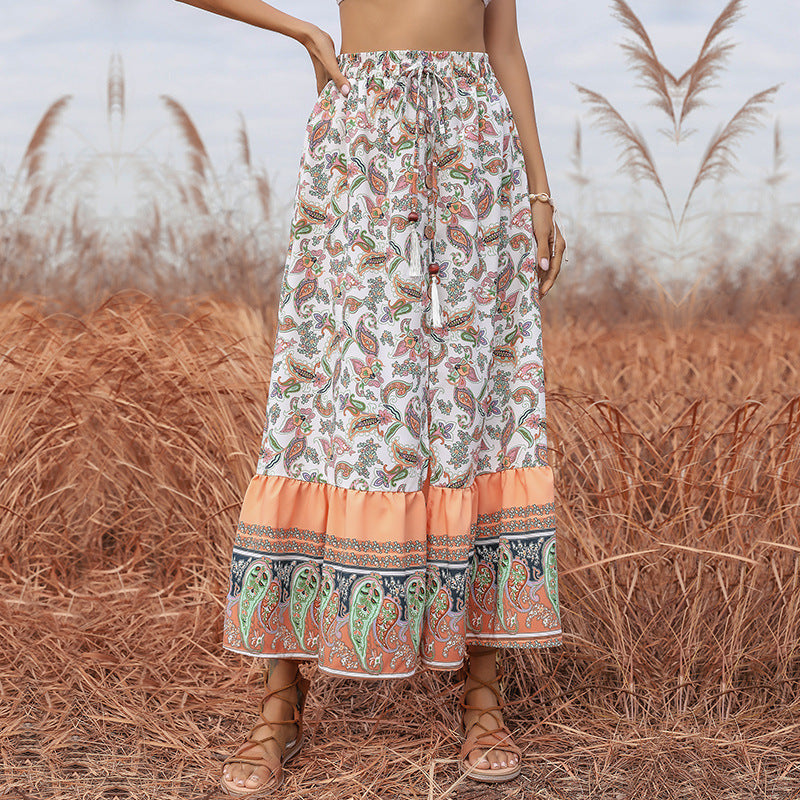 Paisley Print A-Line Maxi Skirt with Tassel Drawstring