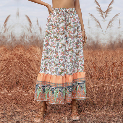 Paisley Print A-Line Maxi Skirt with Tassel Drawstring