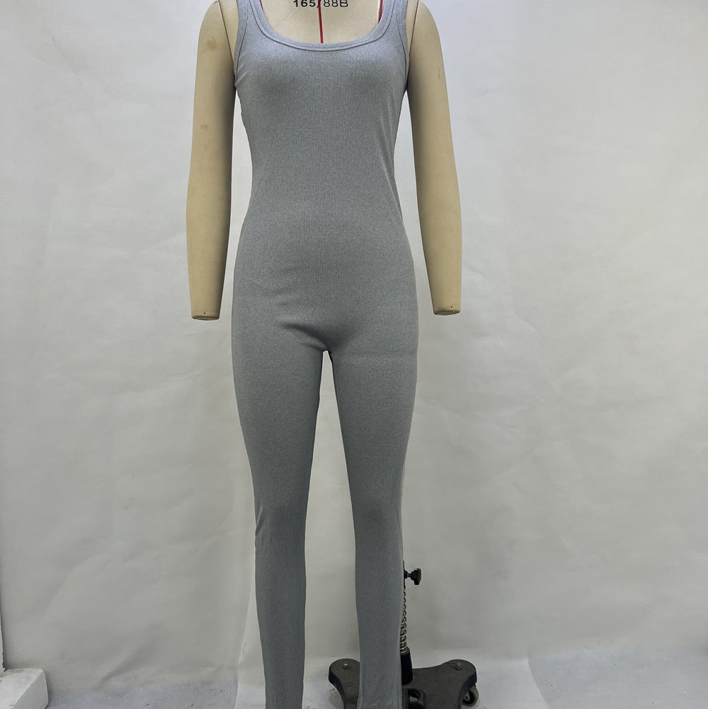 Sleeveless Ribbed Bodycon Jumpsuit with Square Neckline