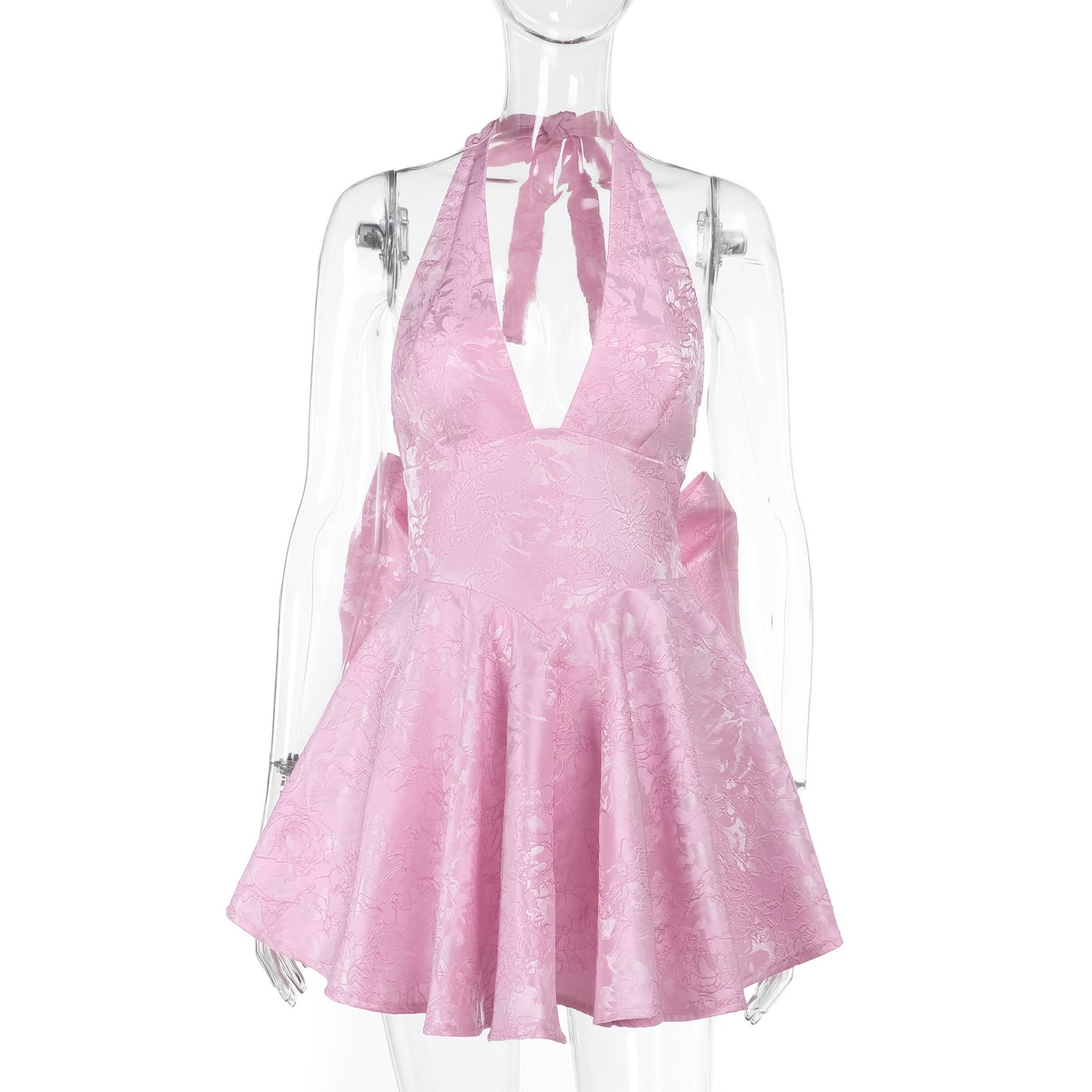 Jacquard Halter Mini Dress with Oversized Back Bow