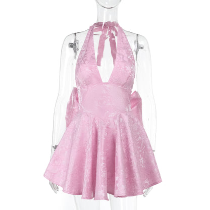 Jacquard Halter Mini Dress with Oversized Back Bow