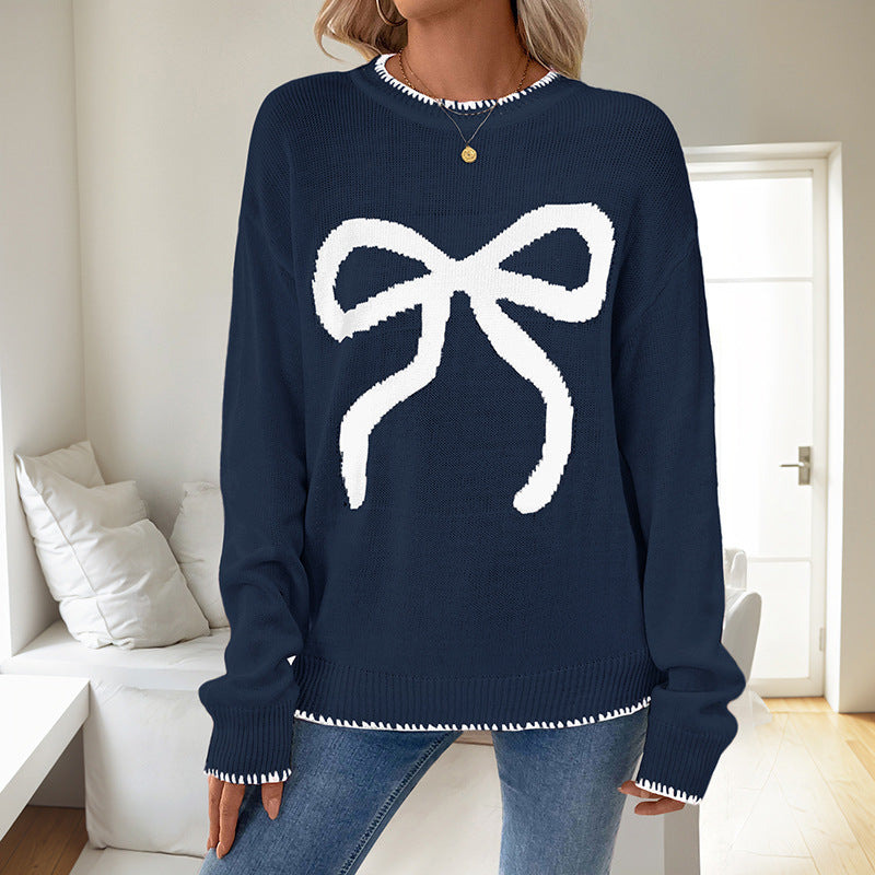 Christmas Bow Print Pullover Sweater with Round Neck