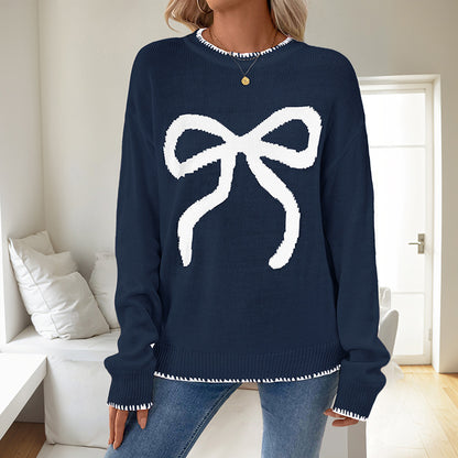 Christmas Bow Print Pullover Sweater with Round Neck