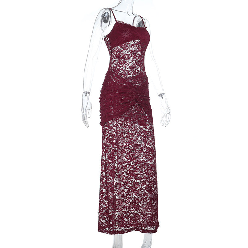 Lace Bodycon Maxi Dress with Ruched Front Detail