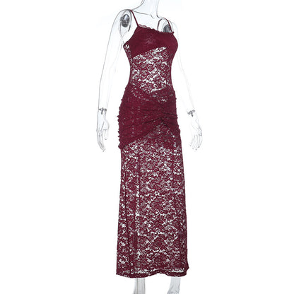Lace Bodycon Maxi Dress with Ruched Front Detail