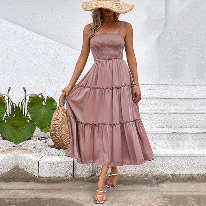 Solid A-Line Midi Dress with Smocked Bodice & Tiered Skirt