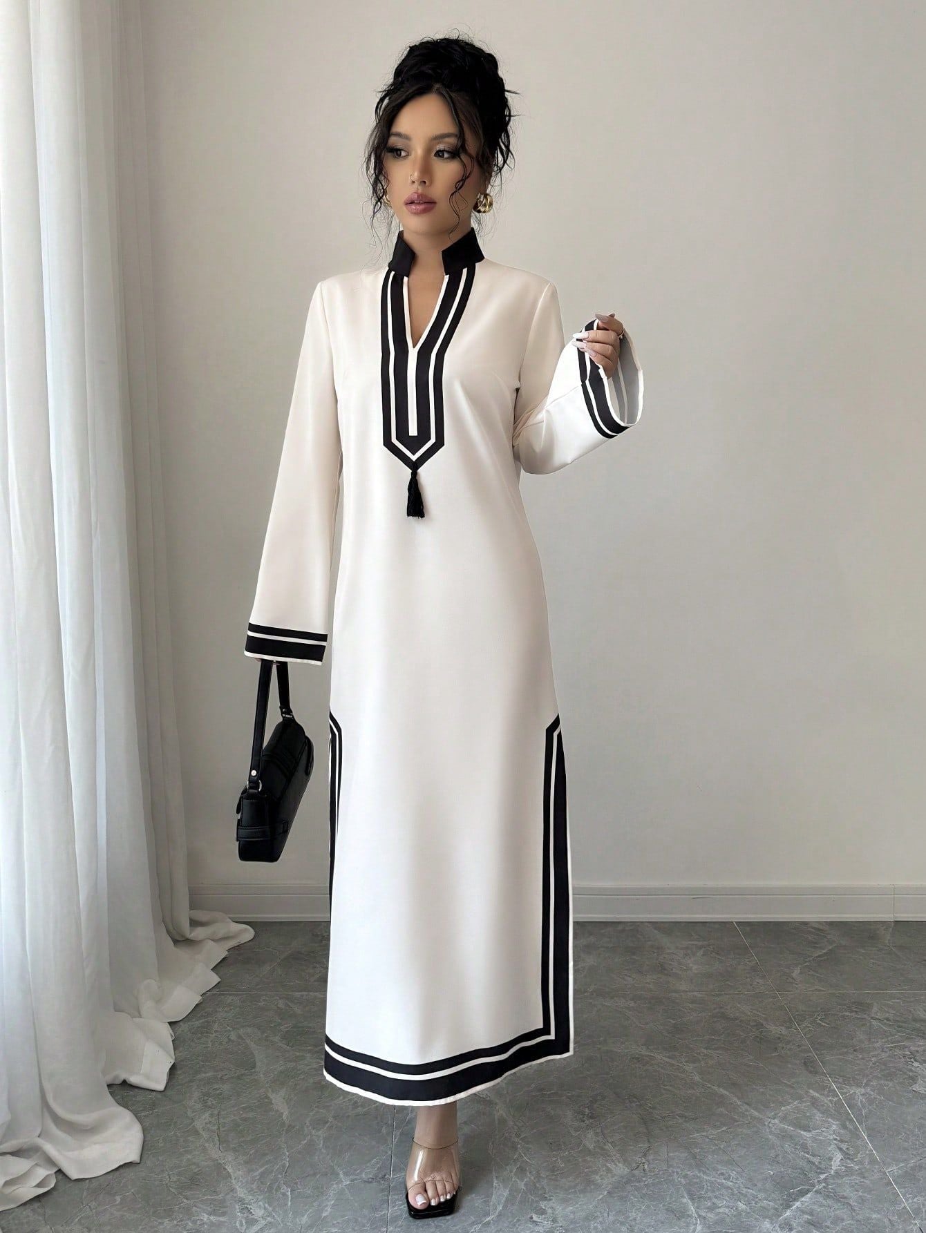 Contrast Trim Maxi Dress with Mandarin Collar and Tassel Detail