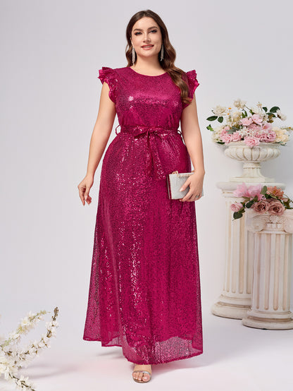 Plus-Size A-Line Sequin Maxi Dress with Ruffle Sleeves and Belt