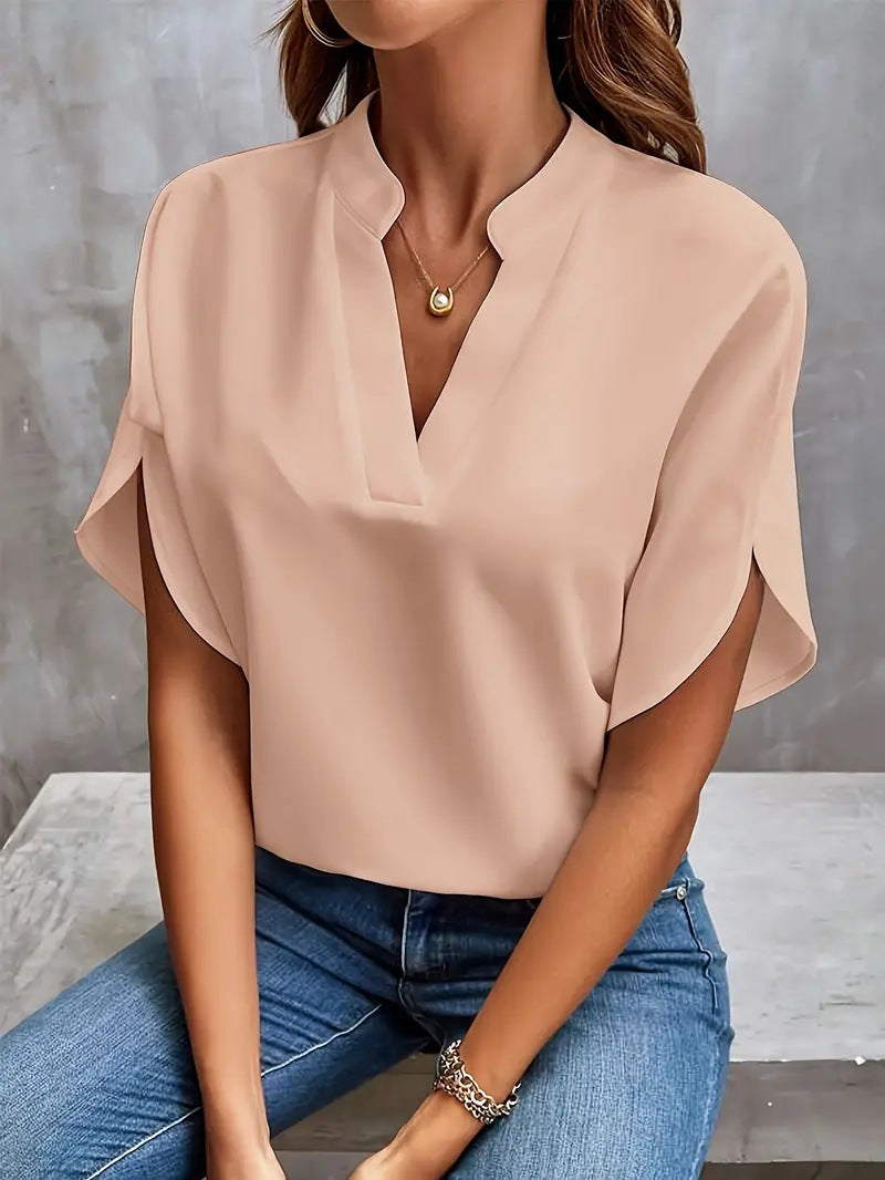 Solid Loose Blouse with Stand Collar V-Neck and Split Sleeves