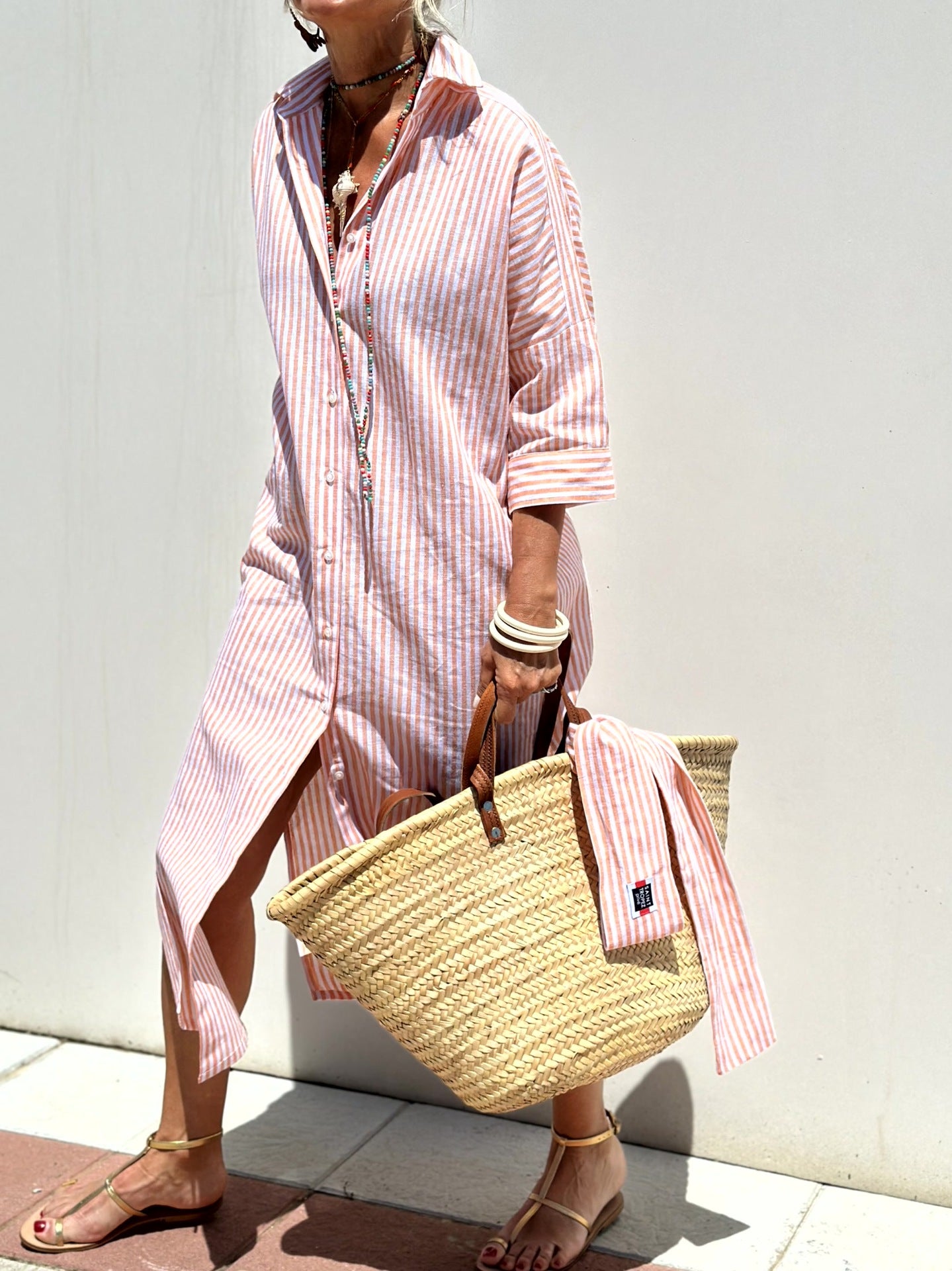 Geometric & Striped Shirt Dress with V-Neck and Half Sleeves
