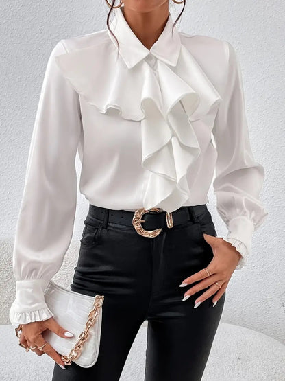 Lapel Collar Blouse with Cascading Ruffles