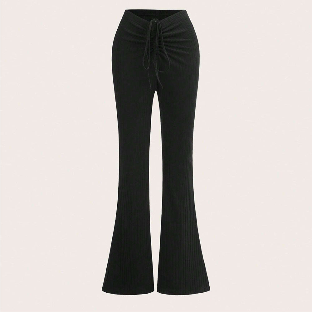 Ribbed Flare-Leg Trousers with Ruched Drawstring Waist