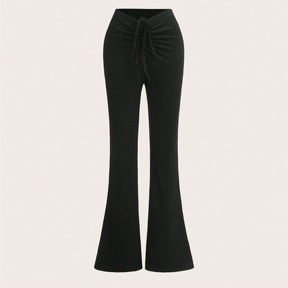 Ribbed Flare-Leg Trousers with Ruched Drawstring Waist