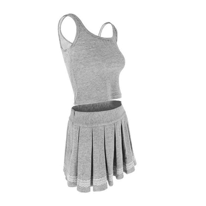 Slim Fit Pleated Mini Skirt Set with Ribbed Tank Top