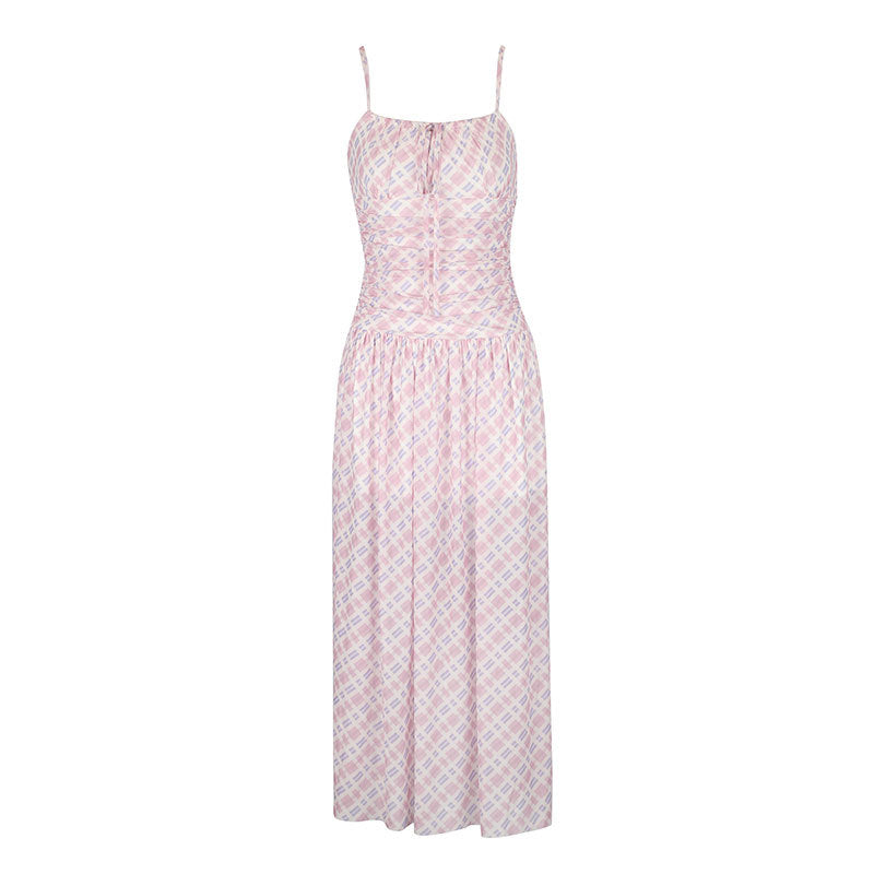Plaid Maxi Dress with Ruched Bodice and High Waist