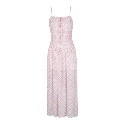 Plaid Maxi Dress with Ruched Bodice and High Waist