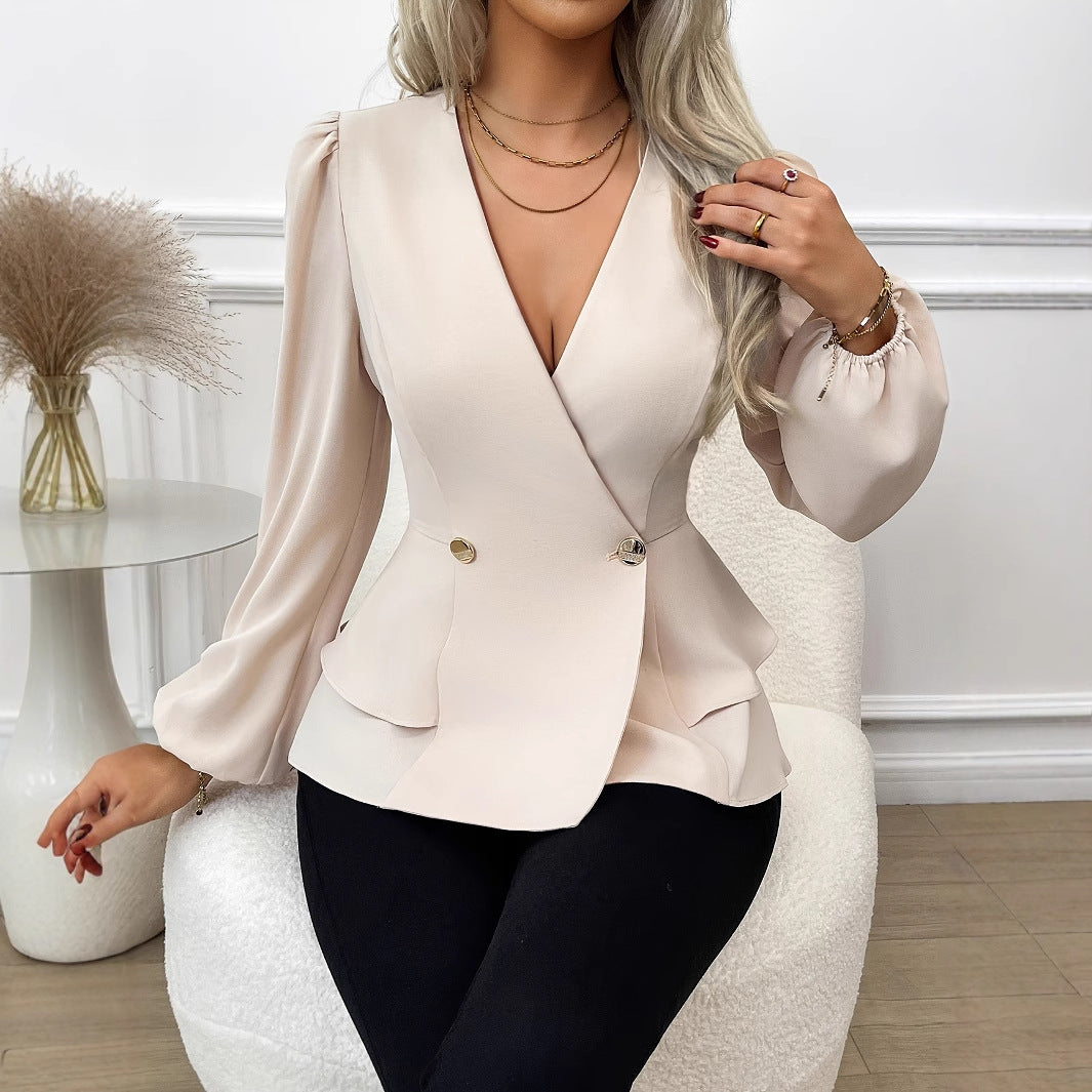 Solid Cross-Collar Peplum Top with Lantern Sleeves