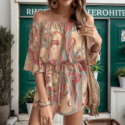 Paisley Print Off-Shoulder Romper with Puff Sleeves
