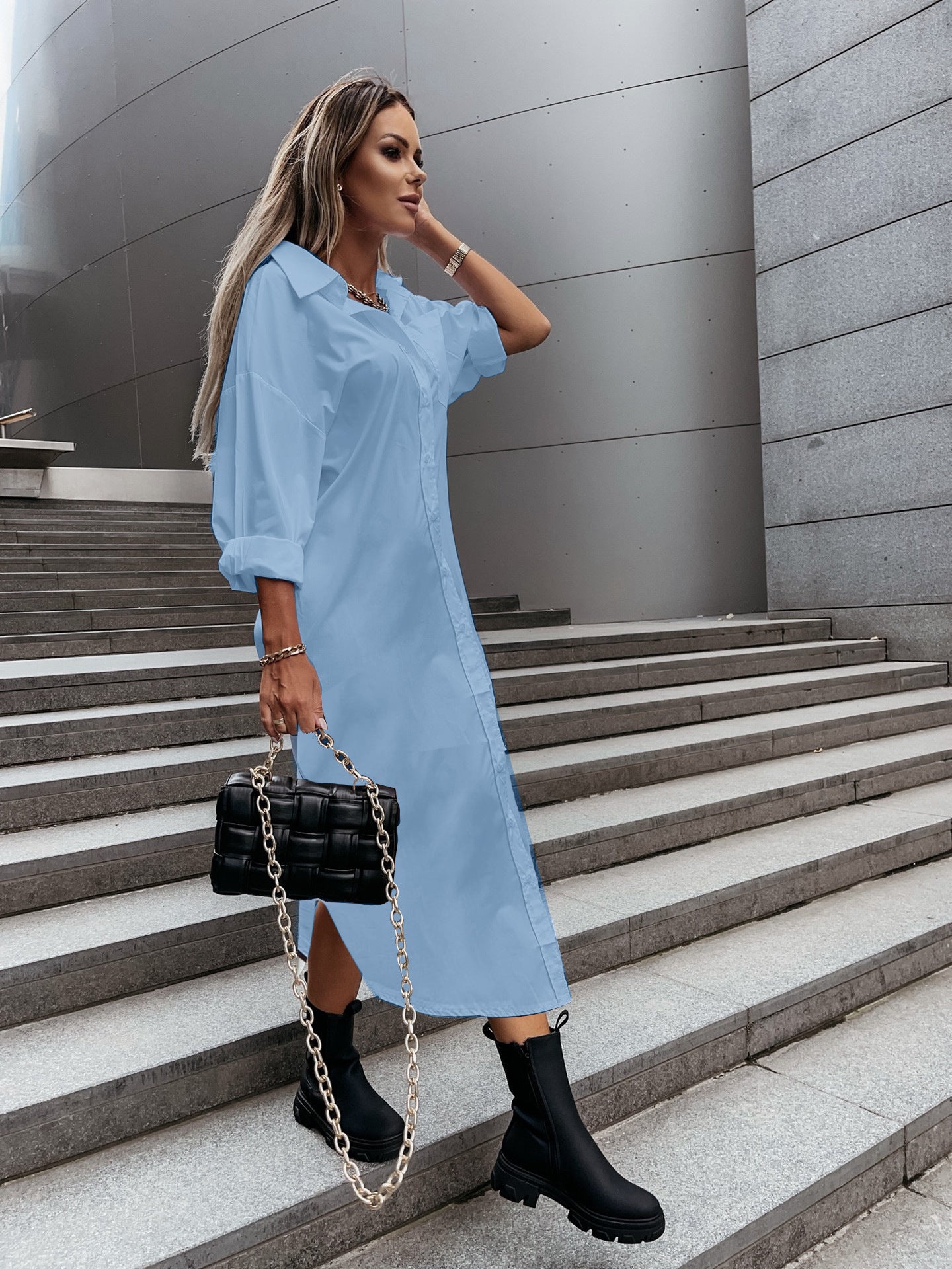 Loose Collared Midi Shirt Dress with Button Front