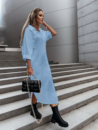 Loose Collared Midi Shirt Dress with Button Front