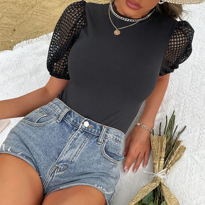 Bodycon Short Jumpsuit with Mesh Puff Sleeves