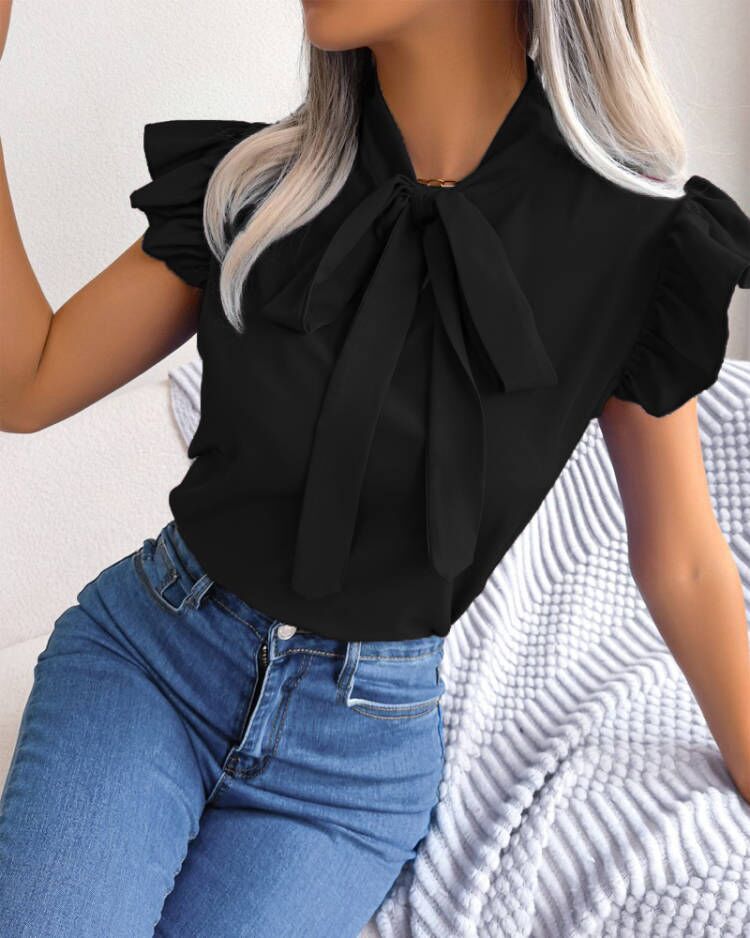 Solid Blouse with Tie-Neck and Ruffle Sleeves