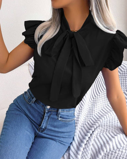 Solid Blouse with Tie-Neck and Ruffle Sleeves