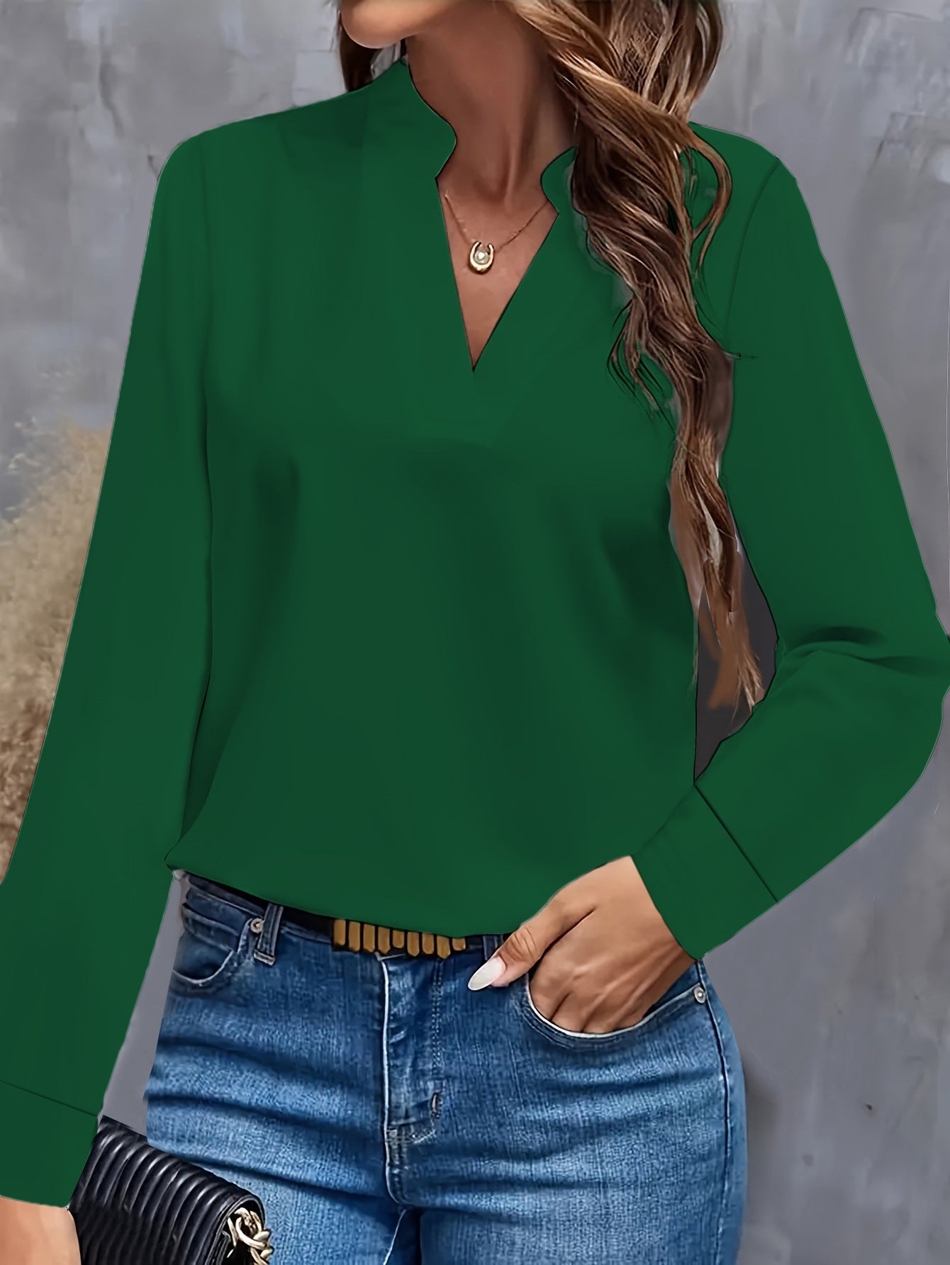Solid Color Blouse with Stand Collar V-Neck and Long Sleeves