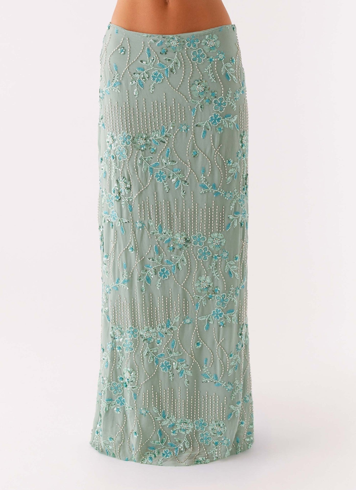Beaded Floral Straight Maxi Skirt with Irregular Hem