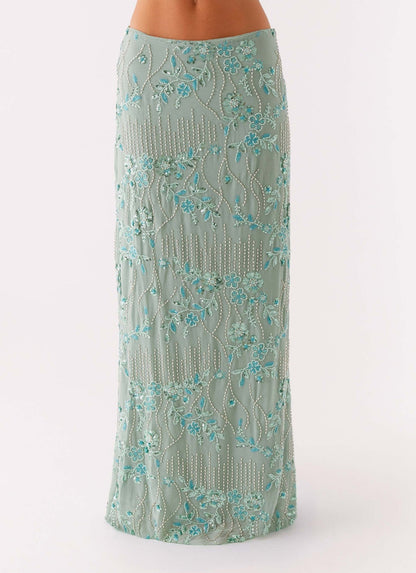 Beaded Floral Straight Maxi Skirt with Irregular Hem