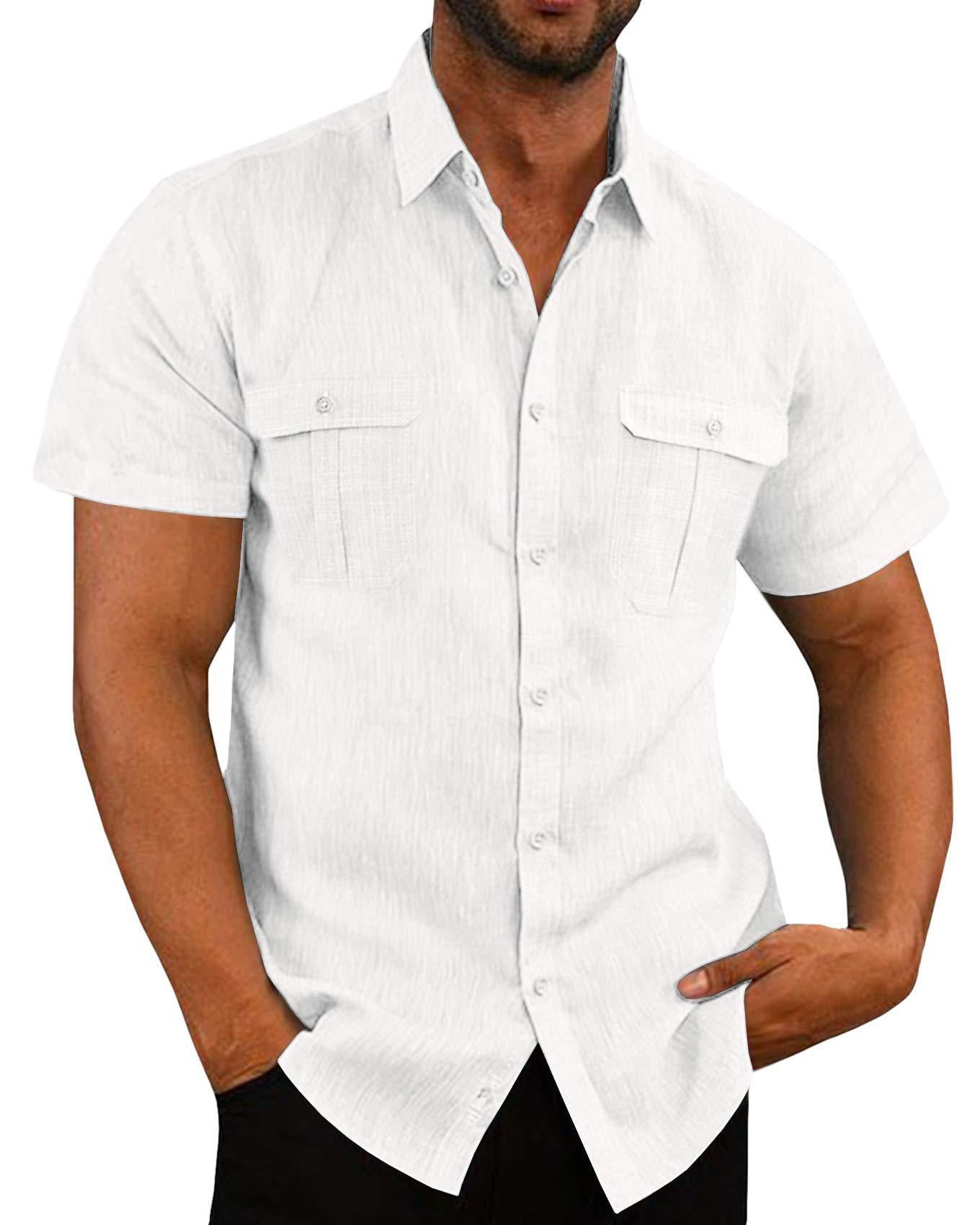 Solid Polyester Short Sleeve Button-Up Shirt with Dual Pockets