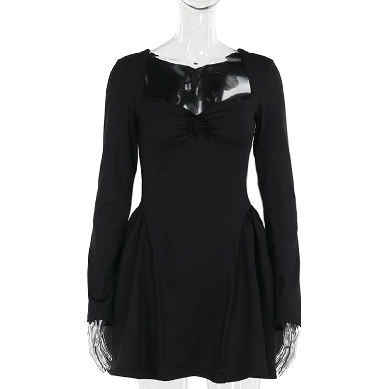 Elegant Slim-Fit Long Sleeve Dress With Puffy Skirt Black