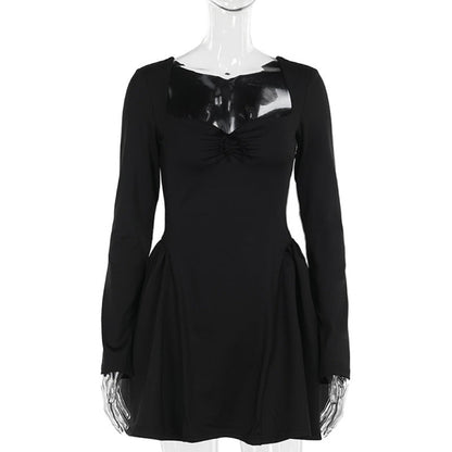 Elegant Slim-Fit Long Sleeve Dress With Puffy Skirt Black