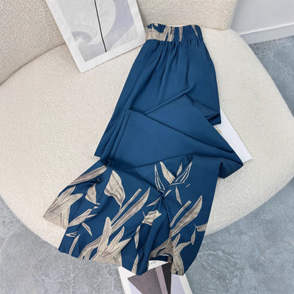 High-Waist Wide-Leg Trousers with Graphic Leaf Print