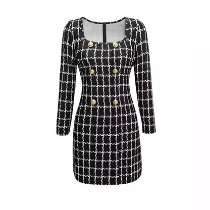 Plaid A-Line Mini Dress with Square Neck and Gold Buttons