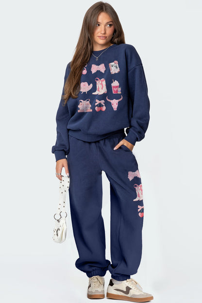 Oversized Sweatshirt and Wide-Leg Pants Set with Bow Print