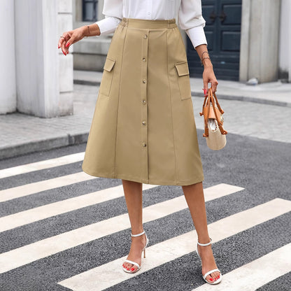 A-Line Midi Skirt with Button Front and Cargo Pockets