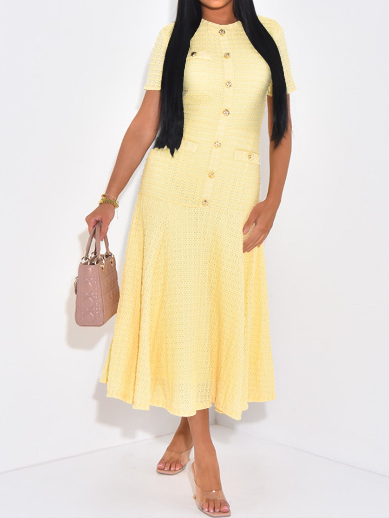 Textured Knit A-Line Midi Dress with Button Front