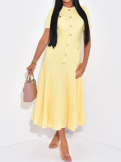 Textured Knit A-Line Midi Dress with Button Front