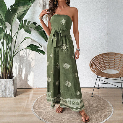 Snowflake Print Strapless Jumpsuit with Wide Legs